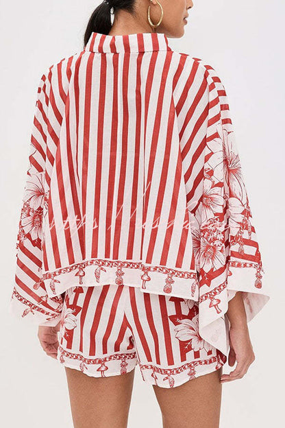 Like Paradise Print Wide Sleeve Shirt and Elastic Waist Pocketed Shorts Set