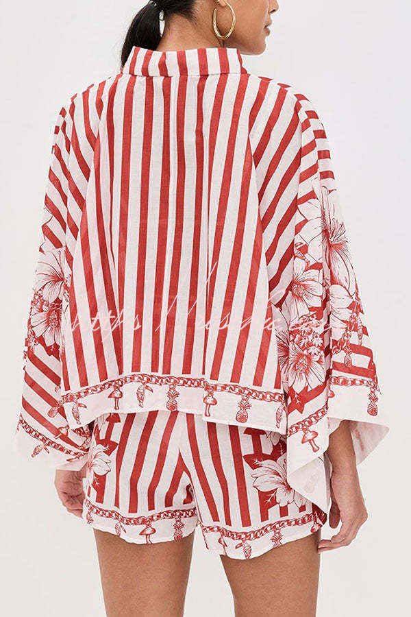 Like Paradise Print Wide Sleeve Shirt and Elastic Waist Pocketed Shorts Set
