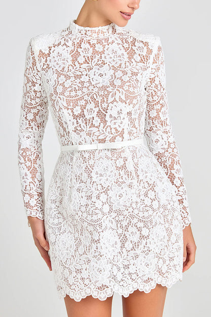 Champagne Toast Flower Lace Long Sleeve Bow Belted Mini Dress