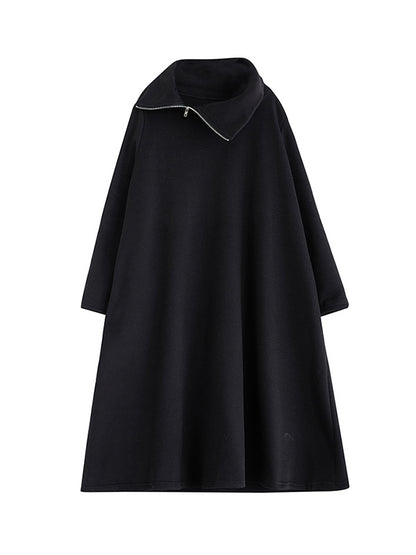 A-line Long Sleeves Asymmetric Color Zipper High Neck Midi Dresses