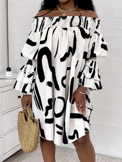 Flared Sleeves Long Sleeves Elasticity Falbala Printed Off-the-shoulder Midi Dresses