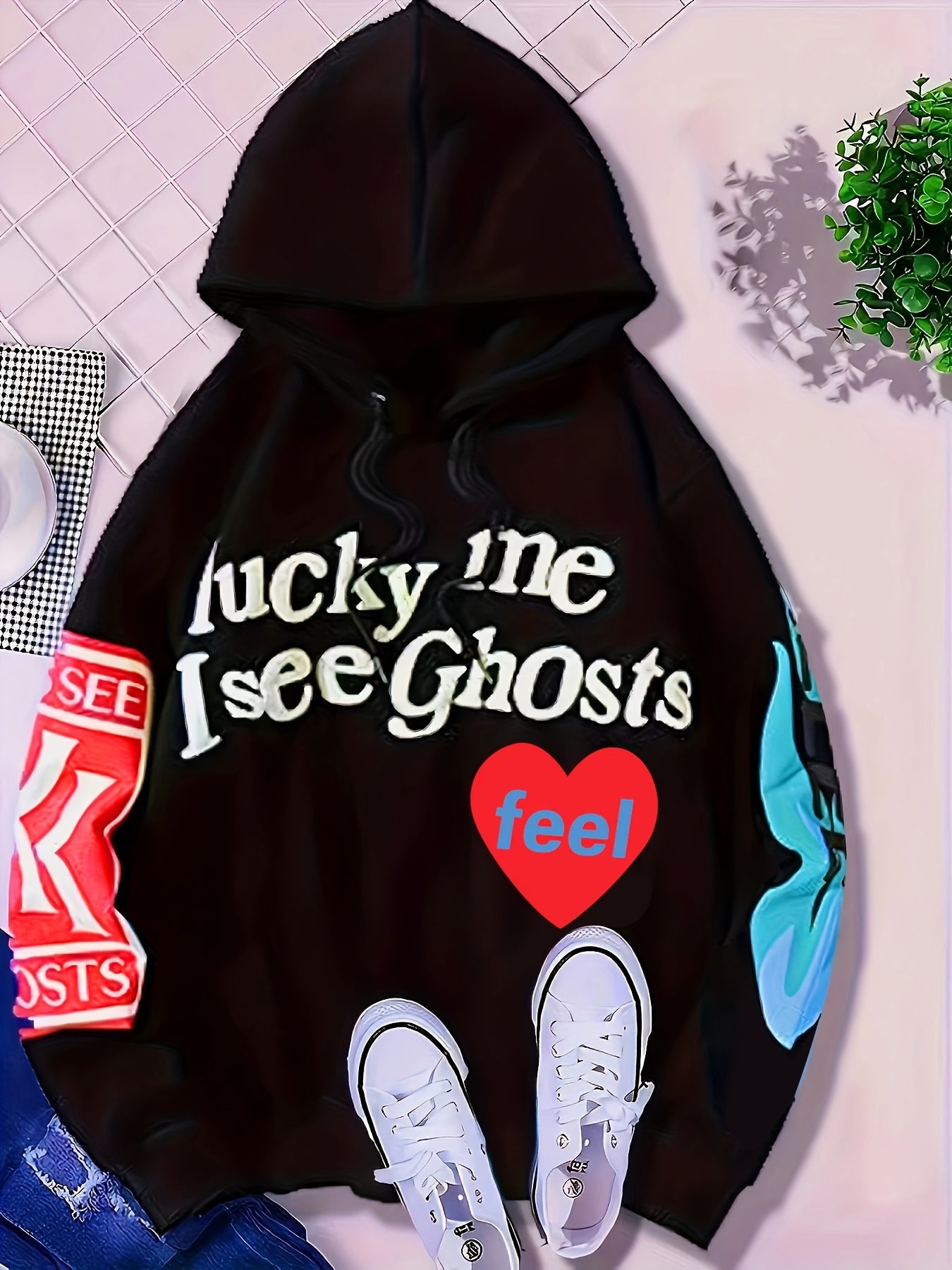 Lucky Me I See Ghosts Letter Graphic Sports Sweatshirt Ey4287