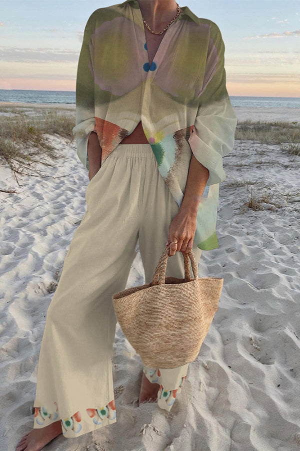 Tie-dye Butterfly Print Oversized Shirt and Elastic Waist Pocket Pants Set
