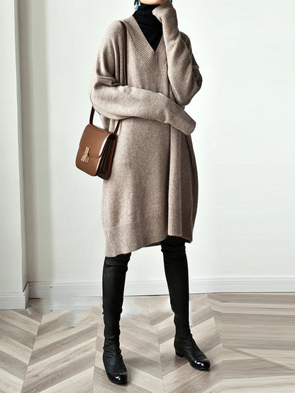 Stylish Loose Camel V-neck Long Sleeve Sweater Dress Qx006