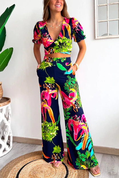 Print V Neck Short Sleeves Crop Top Elastic Waist Wide Leg Pants Set