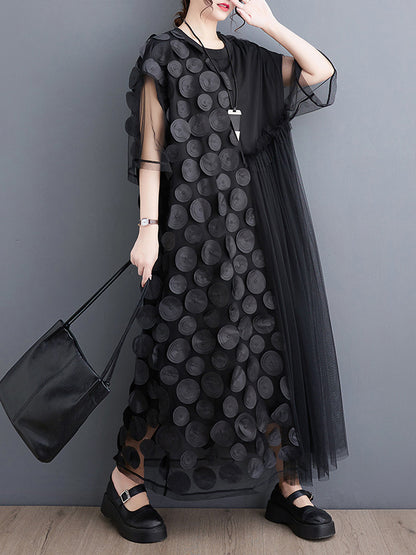 Loose Short Sleeves Asymmetric Gauze Split-joint Round-neck Midi Dresses