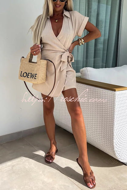 Relaxing Beach Linen Blend Color Wrap Loose Shirt Romper