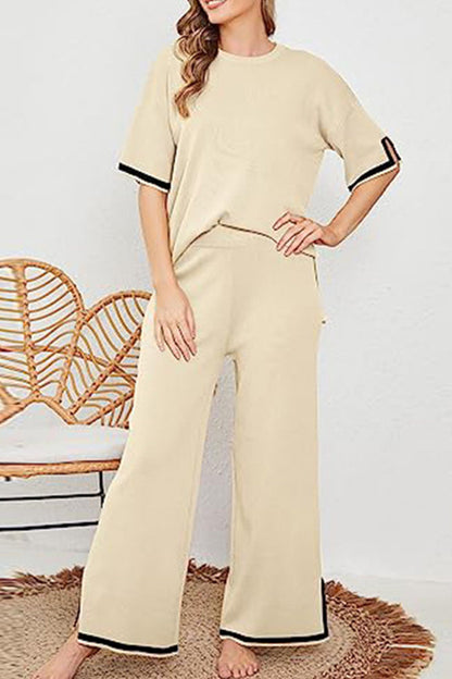 Lounge or Wear Knit Patchwork Color Block Short Sleeve Top and Elastic Wide Leg Pants