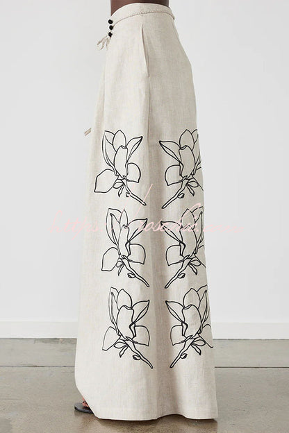 Elaina Linen Blend Print Button Pocketed Wide Leg Palazzo Pant