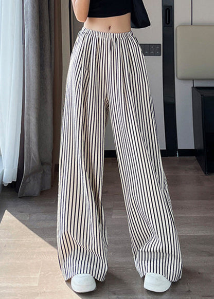 New White Striped Pockets High Waist Cotton Pants Summer Nn011