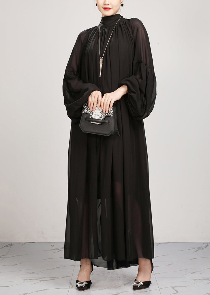 New Black Wrinkled Loose Chiffon Long Dress Fall Ao1060