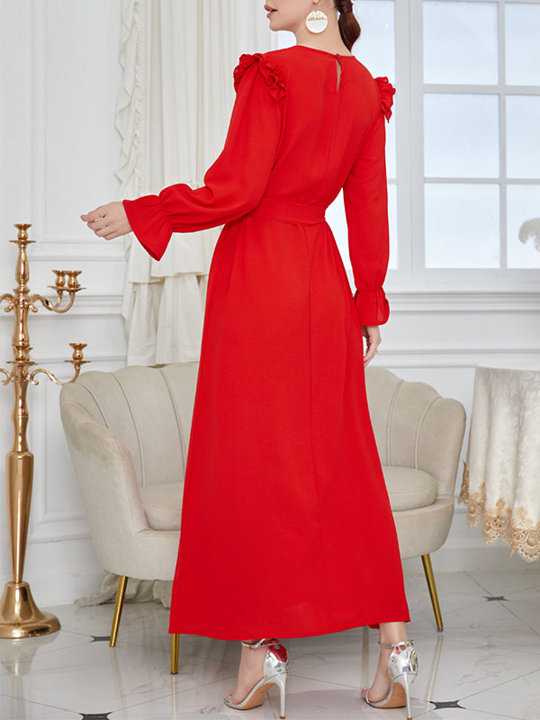 Ruffle Sleeves Belted Color Round-neck Maxi Dresses