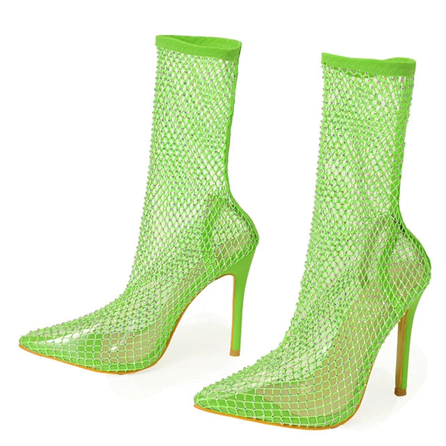Liyke Yellow Green Mesh Ankle Boots Crystal Stretch Fabric Socks Shoes Party Nightclub Stripper Heels Pumps