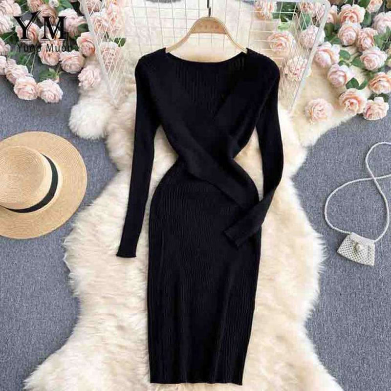 Pink V-neck Cross Slim Waist Long Sleeve Knit Sweater Dress Ar1018