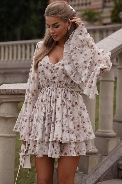 French V-neck Ruffled Mini Dress