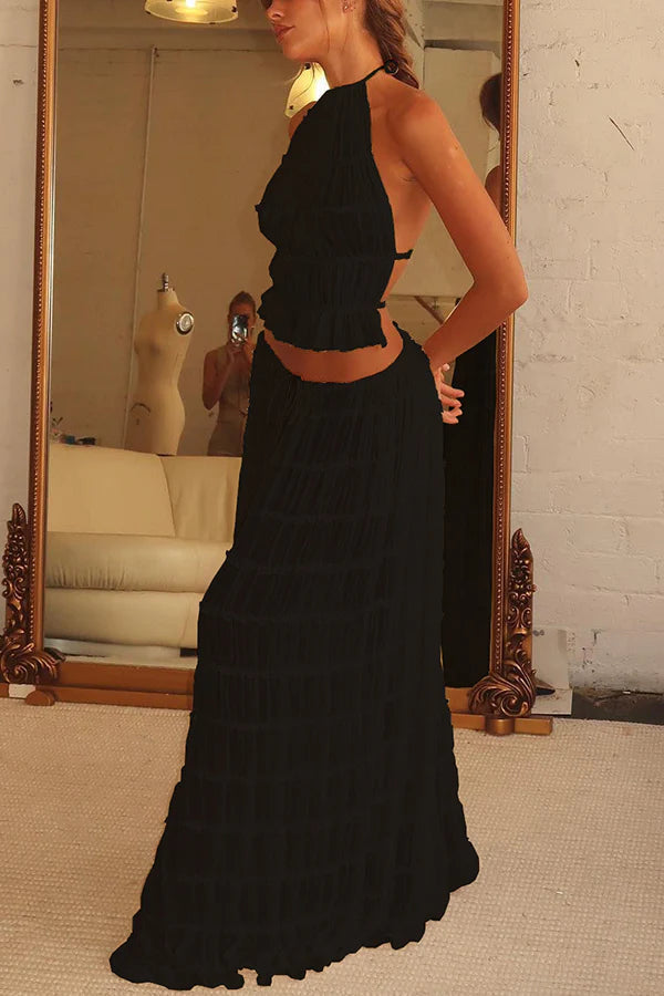 Versatility and Charm Pleated Drawstring Waist Tiered Maxi Skirt