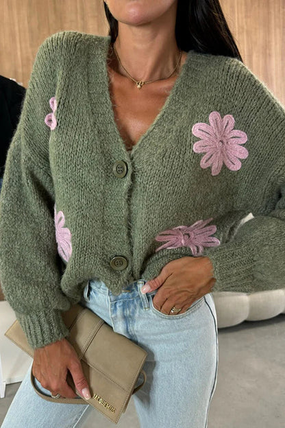 Embroidered V-neck Long-sleeved Button-knit Cardigan