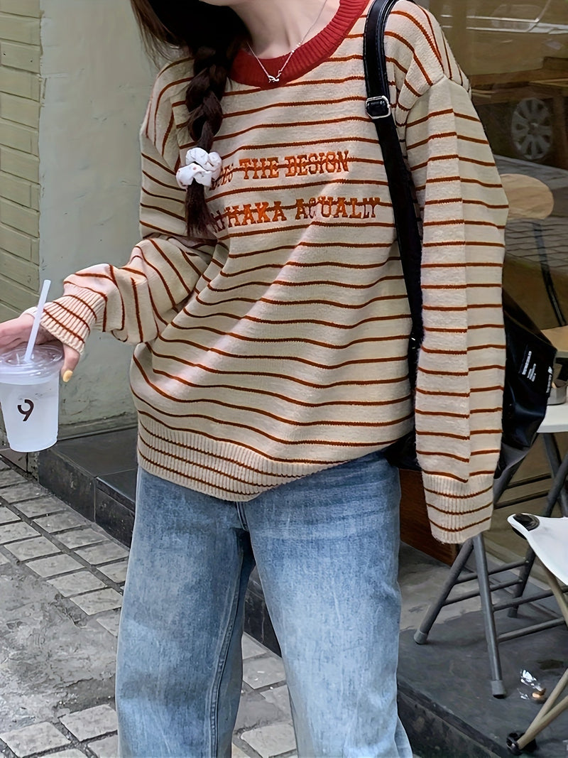 Letter Pattern Striped Pullover Sweater Kr9143
