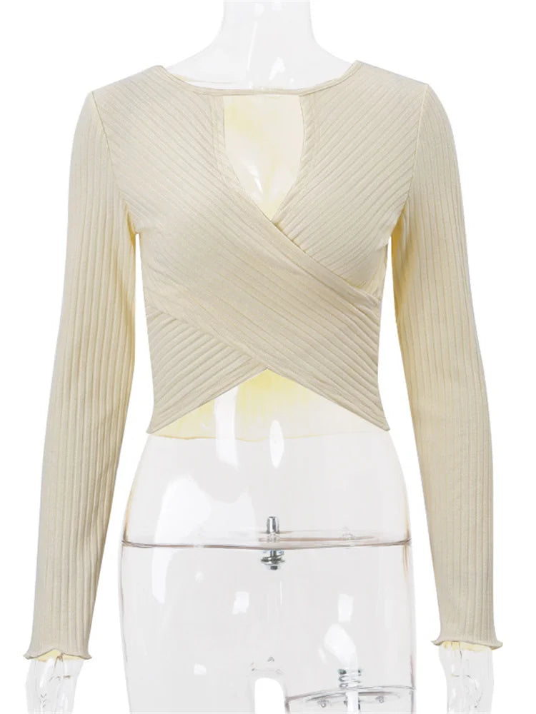 Knit Sweater Pullover V-neck Ribbed Long Sleeve Patchwork Hollow Out Cropped Top Slim Knitwear Top