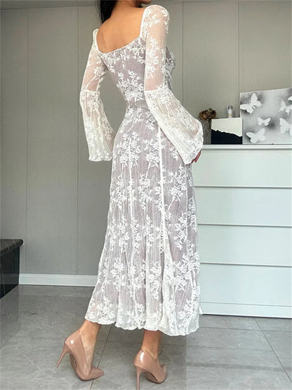 See-through Lace-up Lace Dress for Backless Slim Patchwork Printed Long Dress Bandage Party Dress