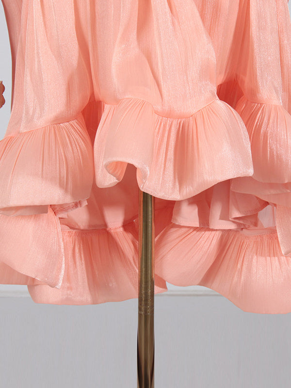 High-low Loose Pleated Split-joint Stand Collar Mini Dresses