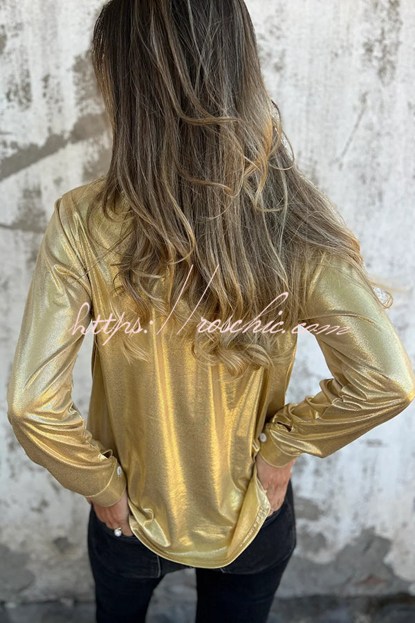 Holiday Look Metallic Loose Pocket Button-down Blouse