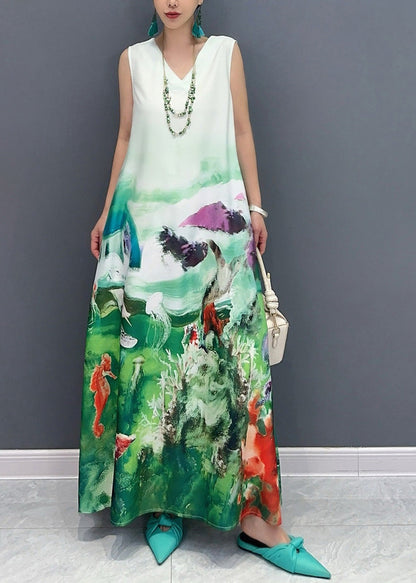 Blue V Neck Print Long Dress Sleeveless Ao1053
