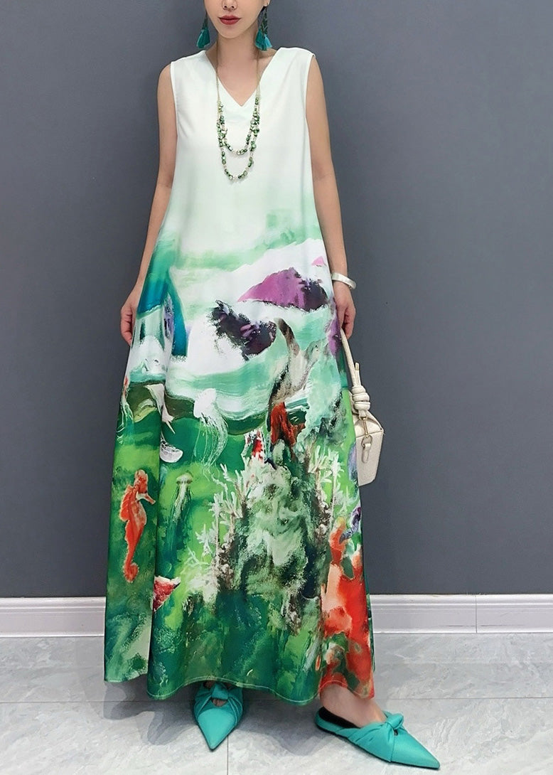 Blue V Neck Print Long Dress Sleeveless Ao1053