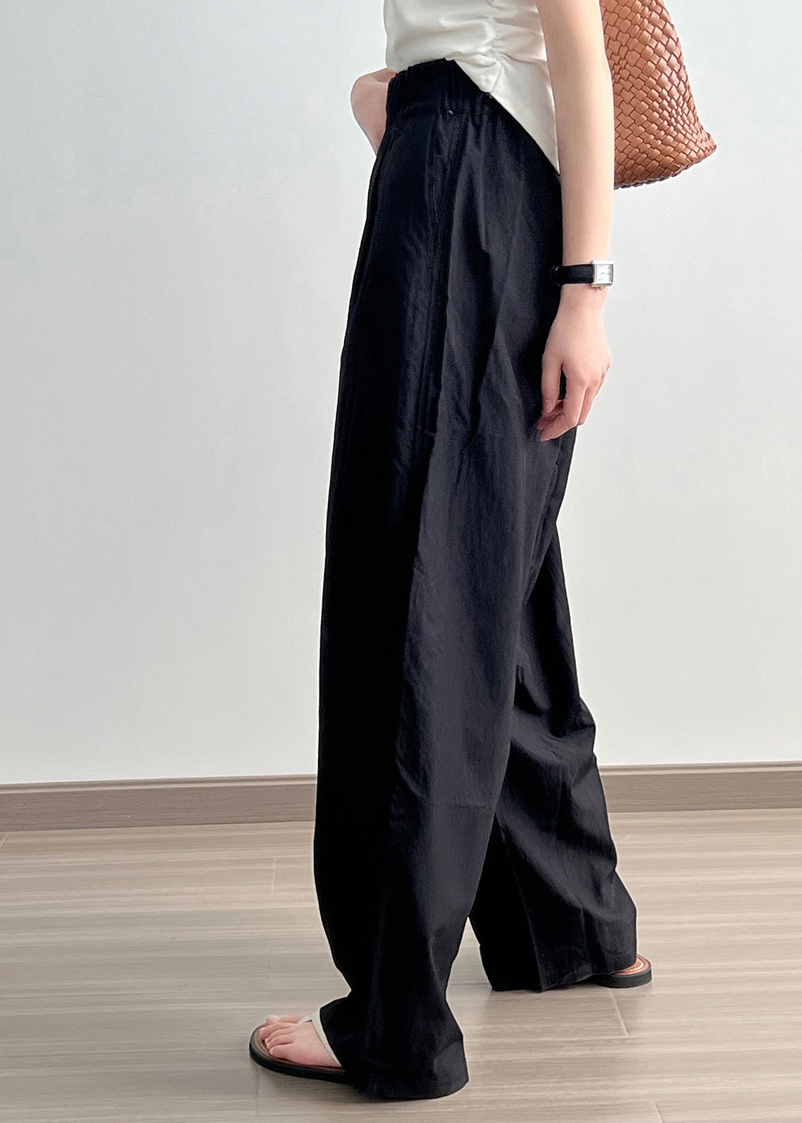 Black Pockets Cotton Wide Leg Pants Elastic Waist Wrinkled Fall Af1079