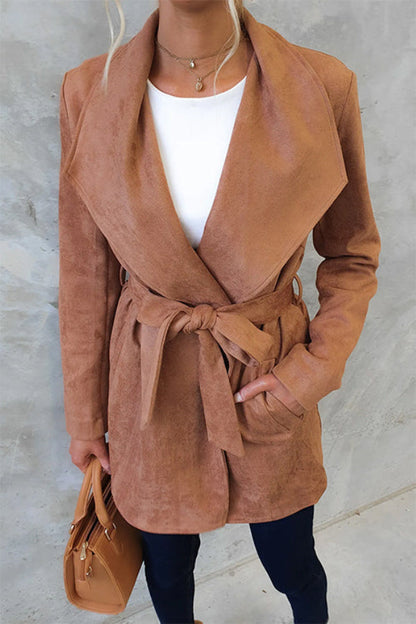 Collared Open Front Faux Suede Coat With Belt