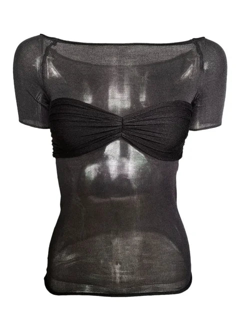 Short Sleeve Mesh Top Shirt for Off-shoulder See-through Knit Pullover Summer Sheer New T-shirt