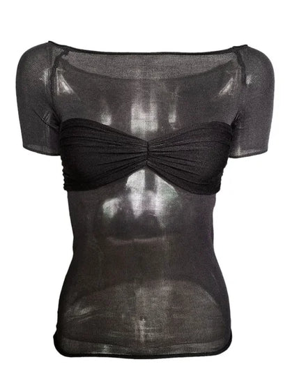 Short Sleeve Mesh Top Shirt for Off-shoulder See-through Knit Pullover Summer Sheer New T-shirt