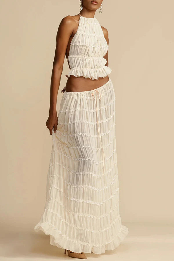 Versatility and Charm Pleated Drawstring Waist Tiered Maxi Skirt