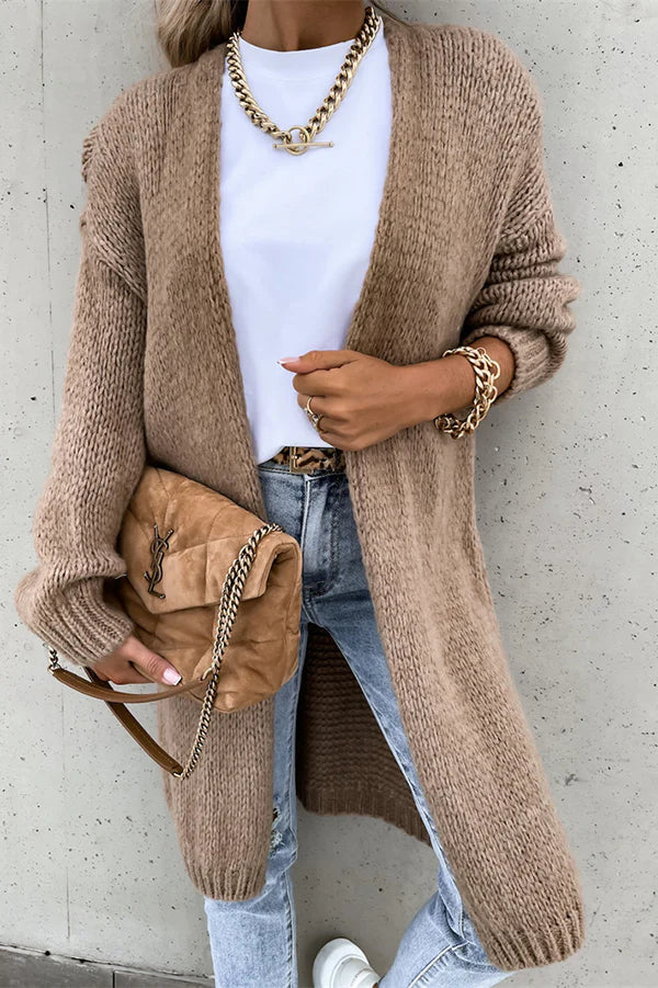 Color V-neck Knitted Long-sleeved Oversized Midi Cardigan