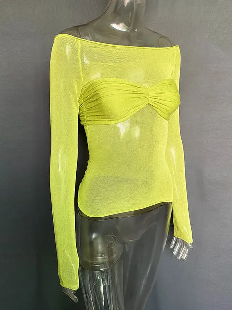 Long Sleeve Shoulder Gauze T-shirts Slim Versatile T-shirt Spring Female Off Shouler Tops