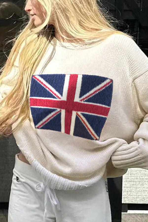 Flag Pattern Knitted Crewneck Long Sleeve Sweater