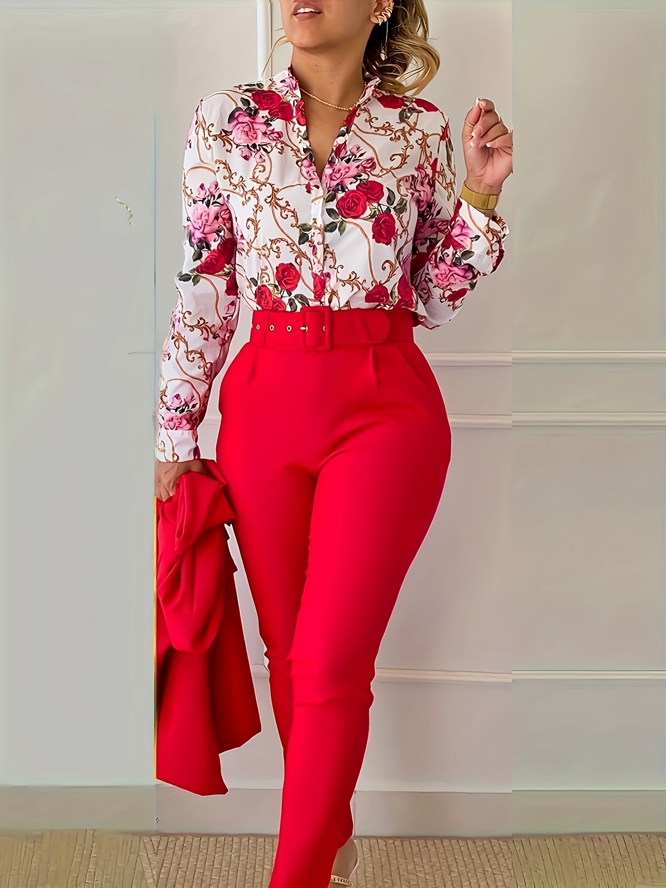 Print V Neck Long Sleeve Blouse & Belted Tapered Pants Td0870