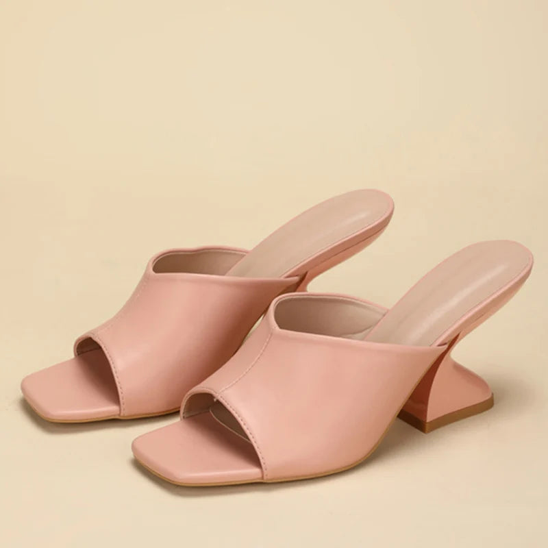 Summer Pink Leather Peep Toe High Heels Slippers for – 8cm Mule Shoes