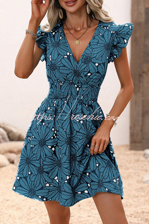 Wonderful Weekend Print Ruffle Sleeve Elastic Waist Mini Dress