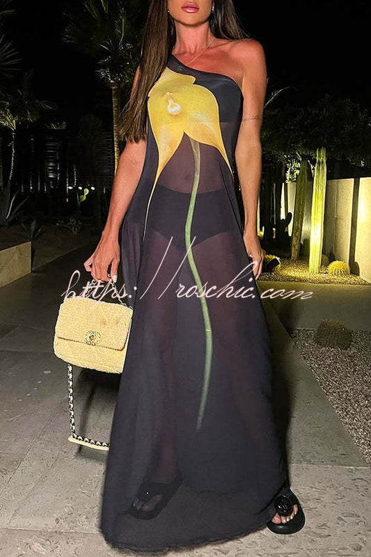 Dalia Tulle See Through Print One Shoulder Vacation Maxi Dress
