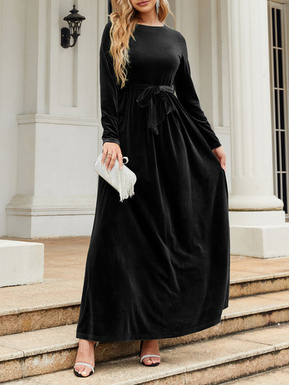 Long Sleeves Wrap Belted Pleated Color Zipper Round-neck Maxi Dresses