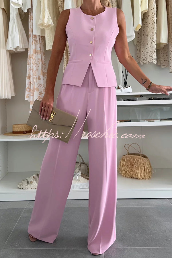 Workplace Sleeveless Button Vest and Relaxed Pocket Wide Leg Pants Set
