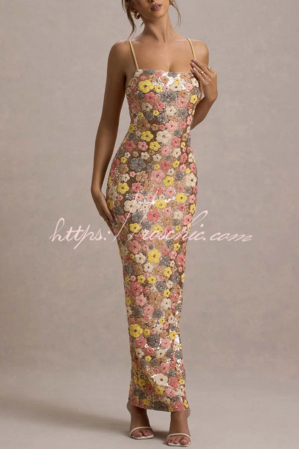 80's Inspired Print Sequin Square Neck Slip Stretch Maxi Dress