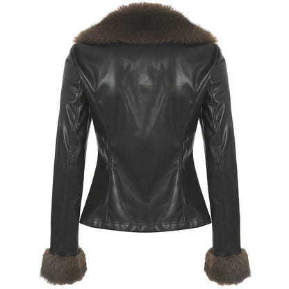 S Autumn New Clothes ��s Leather Coat Long Sleeve Spliced Faux Trim Button Slim Fit Coat