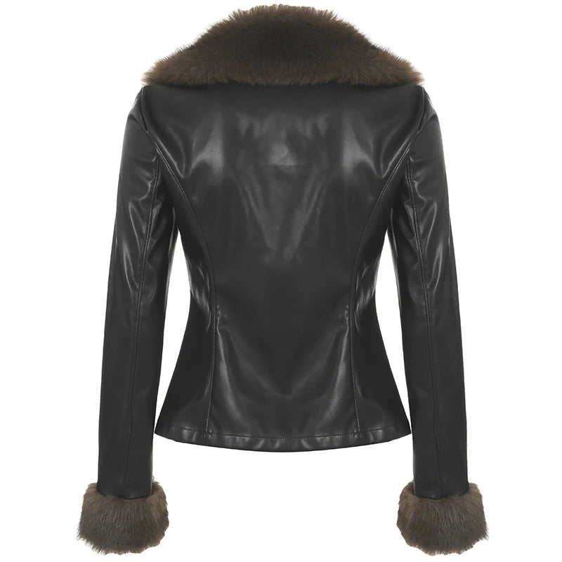 S Autumn New Clothes ��s Leather Coat Long Sleeve Spliced Faux Trim Button Slim Fit Coat