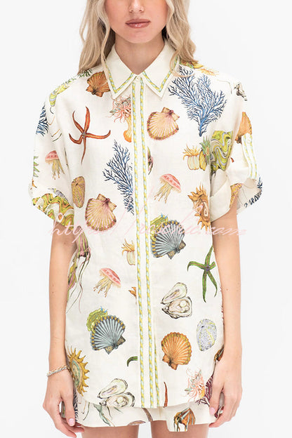 Beach Shell Print Short Sleeve Loose Shirt and Elastic Waist Tie Pocket Shorts Set