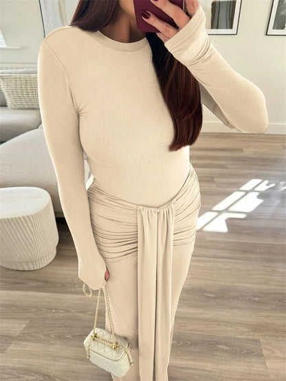 Pleated Tassel Slim Maxi Dress for Patchwork Lace-up Bandage Autumn Dress Female Party Dress