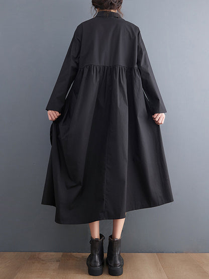 Urban Applique Pleated Long Sleeves Shirt Dress Midi Dress