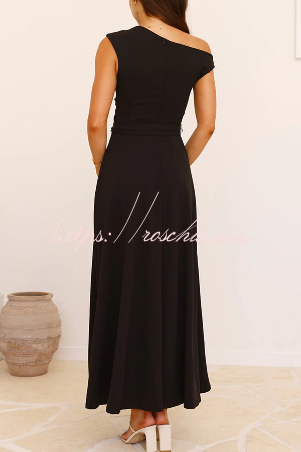 Color Sloped Collar Slim Fit Waist Lace Up Full Hem Maxi Dress