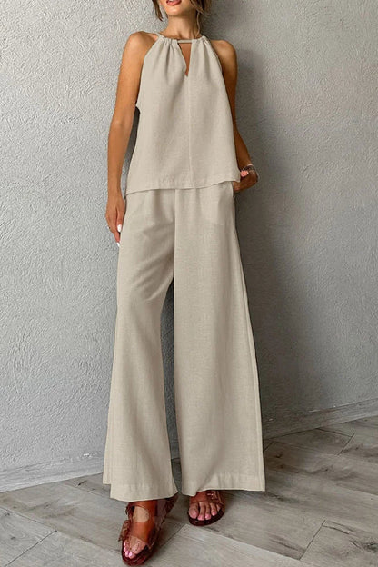 Cotton and Linen Cut-out Lace-up Vest \u0026 Wide-leg Pants Two-piece Set